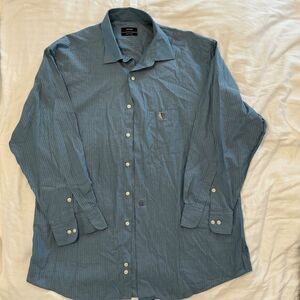 Alfani Men’s Large Dress Shirt Blue Pinstripe Easy Care 100% Cotton 16.5 32-33